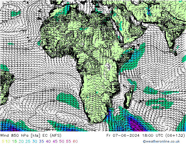 Wind 850 hPa EC (AIFS) Pá 07.06.2024 18 UTC