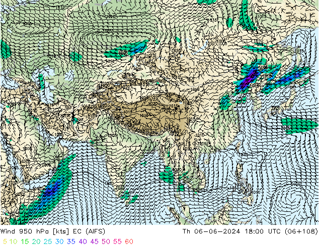 Wind 950 hPa EC (AIFS) Čt 06.06.2024 18 UTC