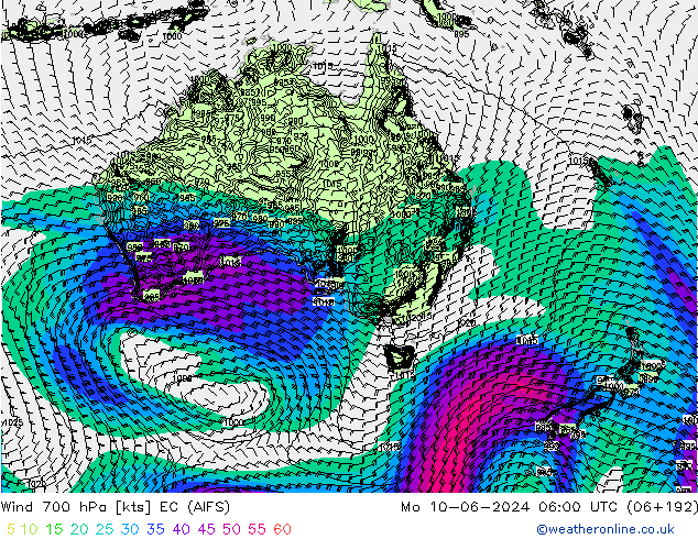 Wind 700 hPa EC (AIFS) Mo 10.06.2024 06 UTC