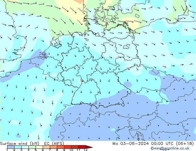 Surface wind (bft) EC (AIFS) Mo 03.06.2024 00 UTC