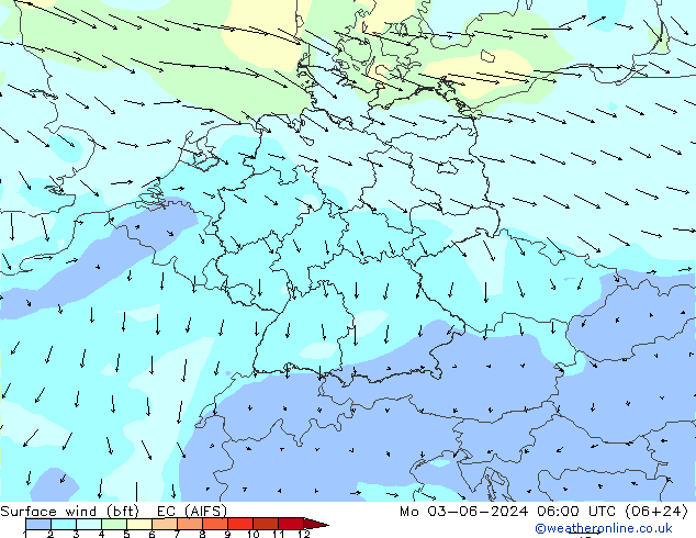 Bodenwind (bft) EC (AIFS) Mo 03.06.2024 06 UTC