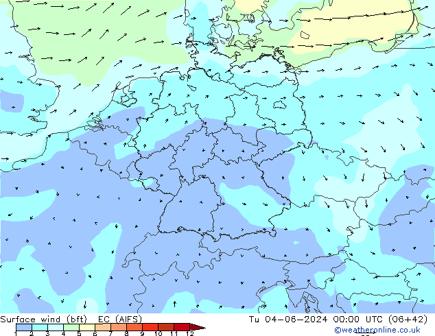 Viento 10 m (bft) EC (AIFS) mar 04.06.2024 00 UTC