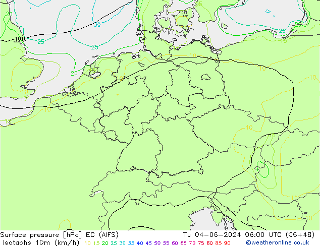 Isotachs (kph) EC (AIFS) Út 04.06.2024 06 UTC