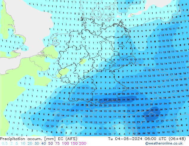 Precipitation accum. EC (AIFS) Tu 04.06.2024 06 UTC