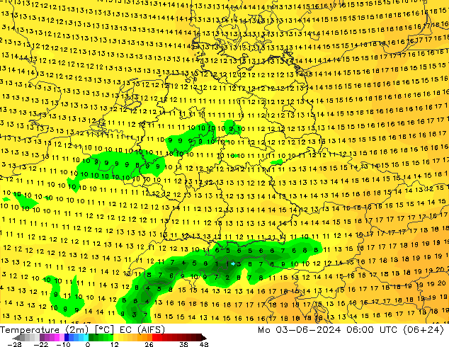 Temperatura (2m) EC (AIFS) lun 03.06.2024 06 UTC