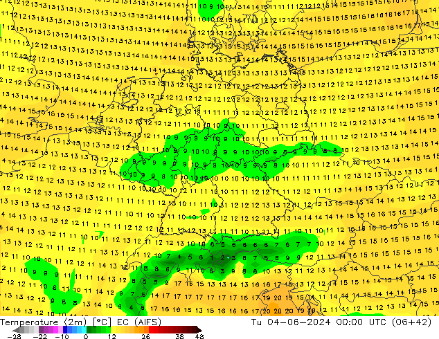 Temperature (2m) EC (AIFS) Út 04.06.2024 00 UTC