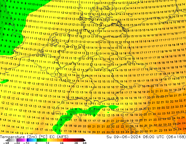 Temperaturkarte (2m) EC (AIFS) So 09.06.2024 06 UTC
