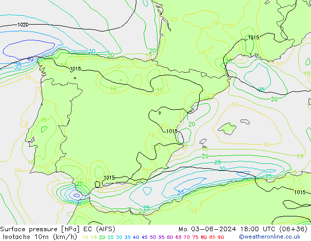 Izotacha (km/godz) EC (AIFS) pon. 03.06.2024 18 UTC