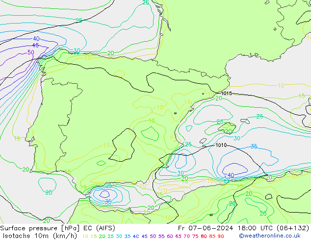 Isotachs (kph) EC (AIFS) Pá 07.06.2024 18 UTC