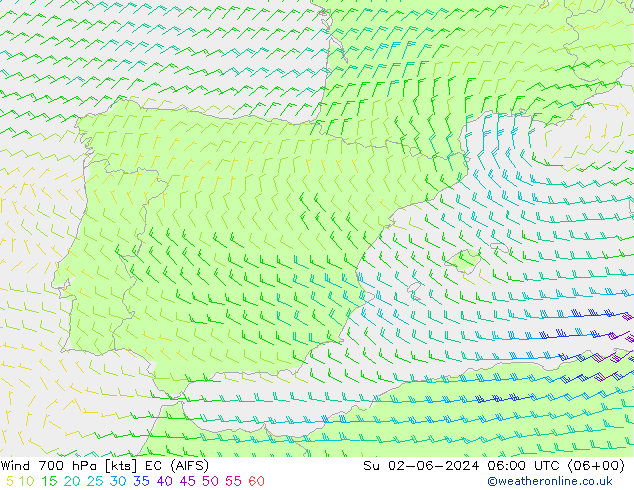 Wind 700 hPa EC (AIFS) zo 02.06.2024 06 UTC