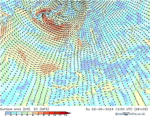 Surface wind (bft) EC (AIFS) Ne 02.06.2024 12 UTC