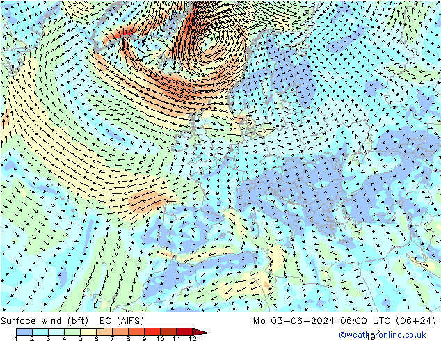 Rüzgar 10 m (bft) EC (AIFS) Pzt 03.06.2024 06 UTC
