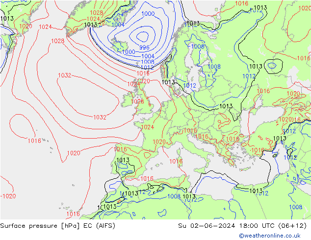 Atmosférický tlak EC (AIFS) Ne 02.06.2024 18 UTC