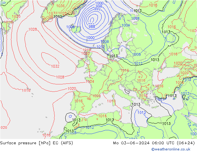 Surface pressure EC (AIFS) Mo 03.06.2024 06 UTC