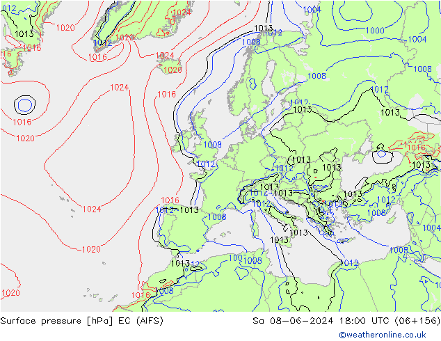 Atmosférický tlak EC (AIFS) So 08.06.2024 18 UTC