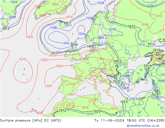 Surface pressure EC (AIFS) Tu 11.06.2024 18 UTC