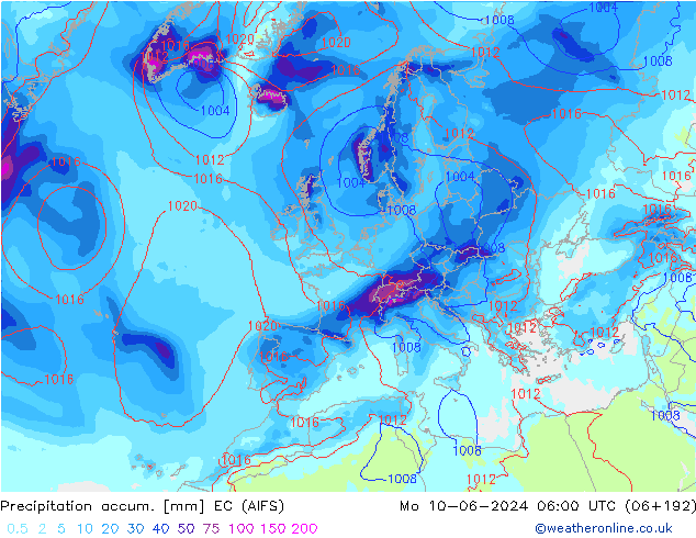 Precipitation accum. EC (AIFS) Mo 10.06.2024 06 UTC