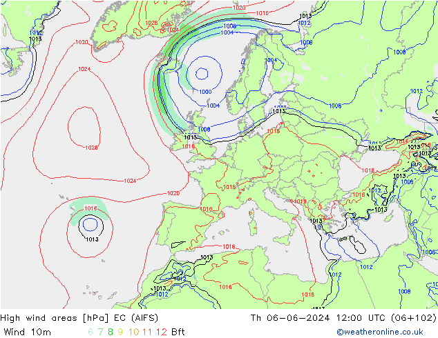 High wind areas EC (AIFS) jue 06.06.2024 12 UTC