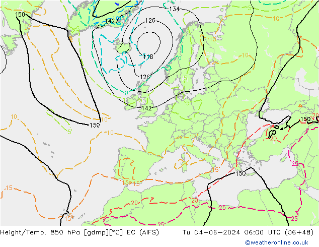 Yükseklik/Sıc. 850 hPa EC (AIFS) Sa 04.06.2024 06 UTC