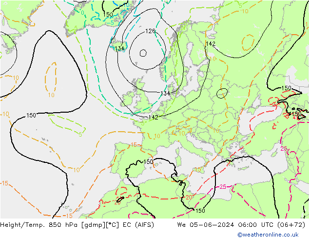 Hoogte/Temp. 850 hPa EC (AIFS) wo 05.06.2024 06 UTC
