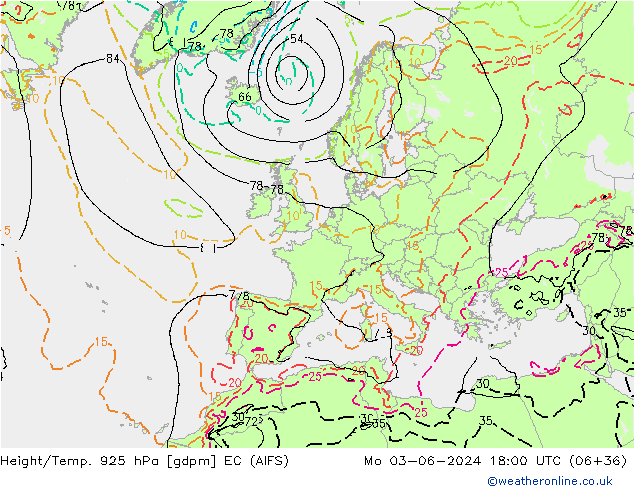 Height/Temp. 925 hPa EC (AIFS) Mo 03.06.2024 18 UTC