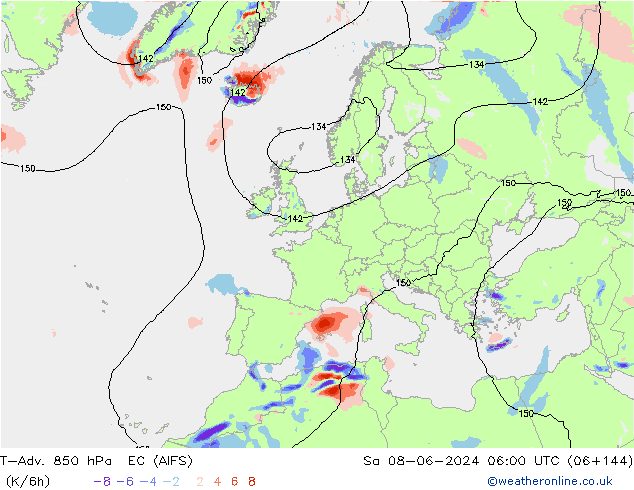 T-Adv. 850 hPa EC (AIFS) Sa 08.06.2024 06 UTC