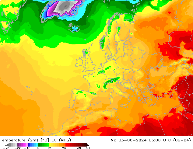 mapa temperatury (2m) EC (AIFS) pon. 03.06.2024 06 UTC