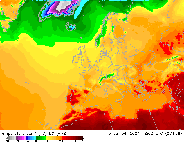 Temperaturkarte (2m) EC (AIFS) Mo 03.06.2024 18 UTC