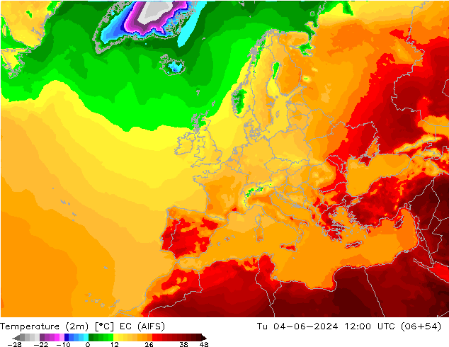 Temperature (2m) EC (AIFS) Tu 04.06.2024 12 UTC