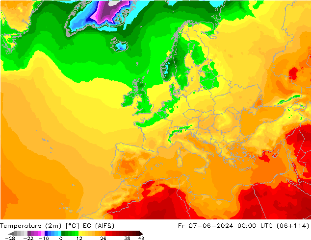 mapa temperatury (2m) EC (AIFS) pt. 07.06.2024 00 UTC