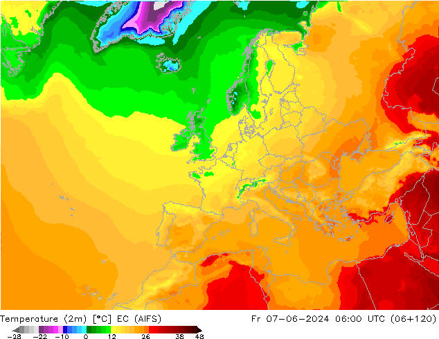 température (2m) EC (AIFS) ven 07.06.2024 06 UTC