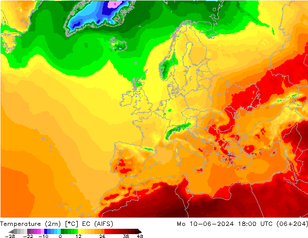Temperature (2m) EC (AIFS) Mo 10.06.2024 18 UTC