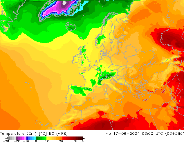 Temperature (2m) EC (AIFS) Mo 17.06.2024 06 UTC