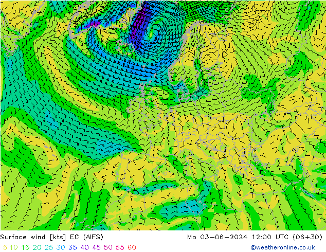 Viento 10 m EC (AIFS) lun 03.06.2024 12 UTC