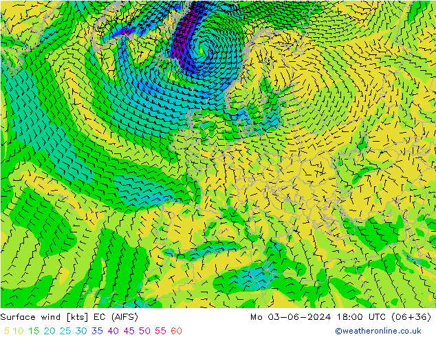 Surface wind EC (AIFS) Mo 03.06.2024 18 UTC