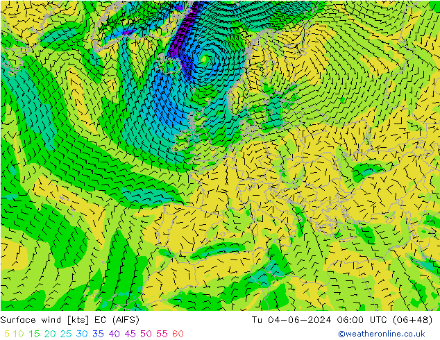 Surface wind EC (AIFS) Tu 04.06.2024 06 UTC