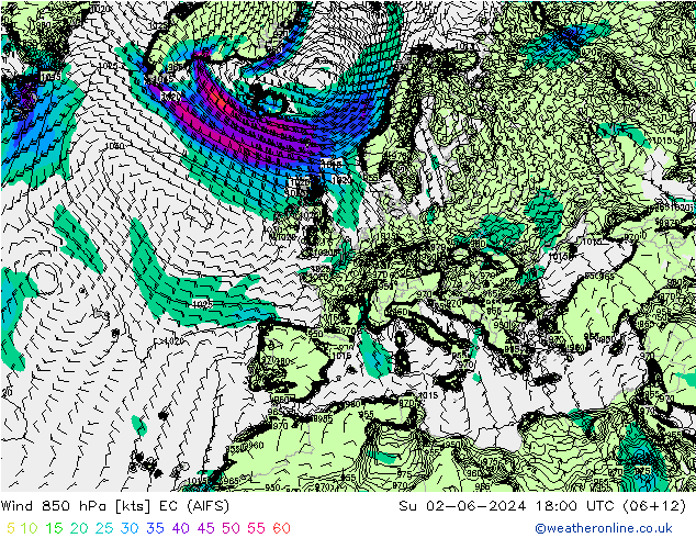 Wind 850 hPa EC (AIFS) Su 02.06.2024 18 UTC