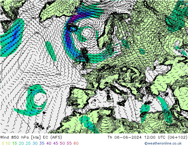Rüzgar 850 hPa EC (AIFS) Per 06.06.2024 12 UTC