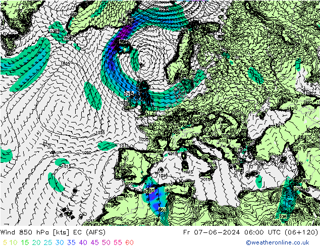 Wind 850 hPa EC (AIFS) Fr 07.06.2024 06 UTC