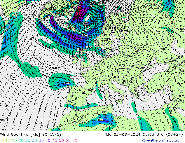 wiatr 950 hPa EC (AIFS) pon. 03.06.2024 06 UTC