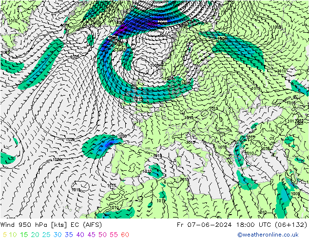 wiatr 950 hPa EC (AIFS) pt. 07.06.2024 18 UTC