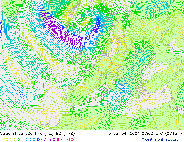 Stromlinien 500 hPa EC (AIFS) Mo 03.06.2024 06 UTC