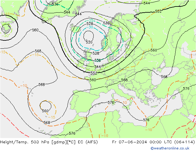 Yükseklik/Sıc. 500 hPa EC (AIFS) Cu 07.06.2024 00 UTC