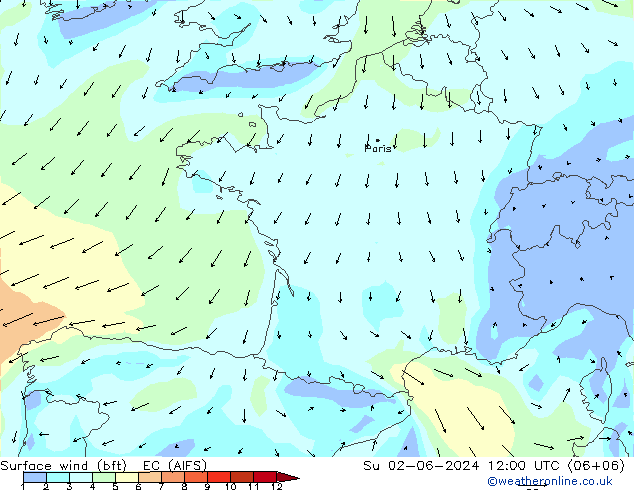 Surface wind (bft) EC (AIFS) Ne 02.06.2024 12 UTC