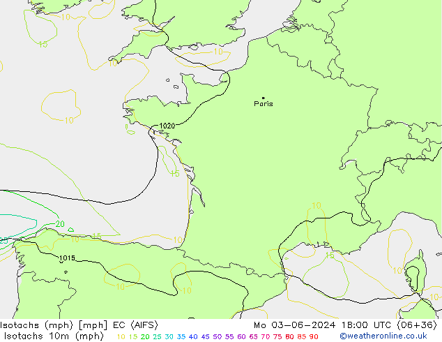 Eşrüzgar Hızları mph EC (AIFS) Pzt 03.06.2024 18 UTC
