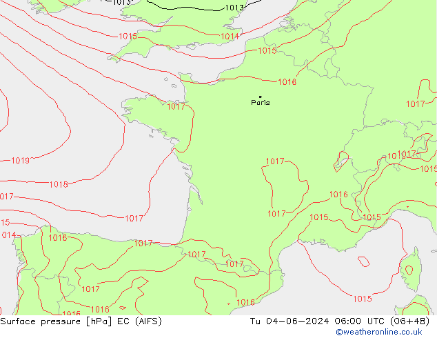 Surface pressure EC (AIFS) Tu 04.06.2024 06 UTC