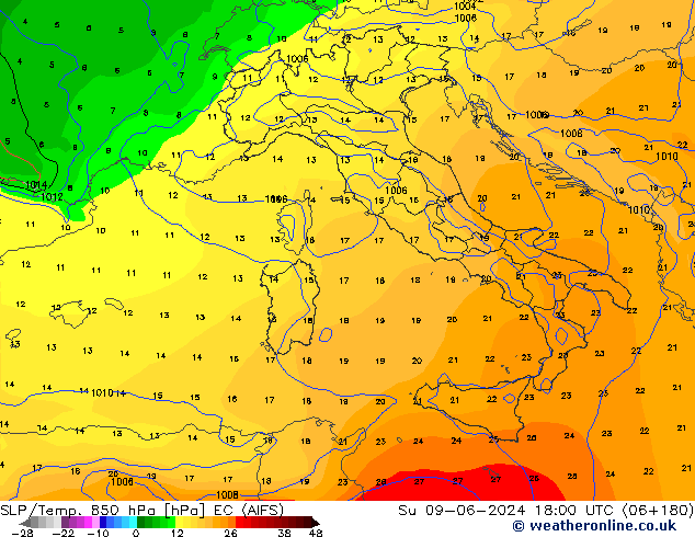 850 hPa Yer Bas./Sıc EC (AIFS) Paz 09.06.2024 18 UTC