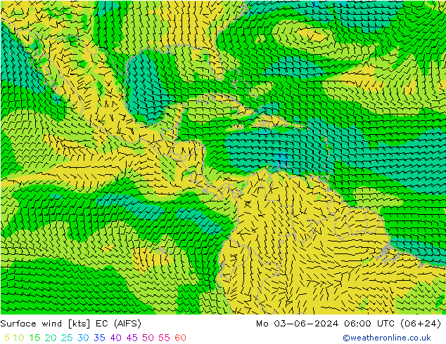 Wind 10 m EC (AIFS) ma 03.06.2024 06 UTC