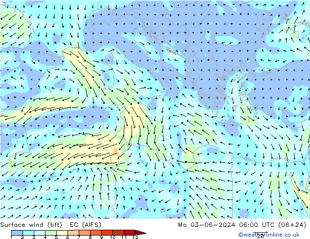 wiatr 10 m (bft) EC (AIFS) pon. 03.06.2024 06 UTC