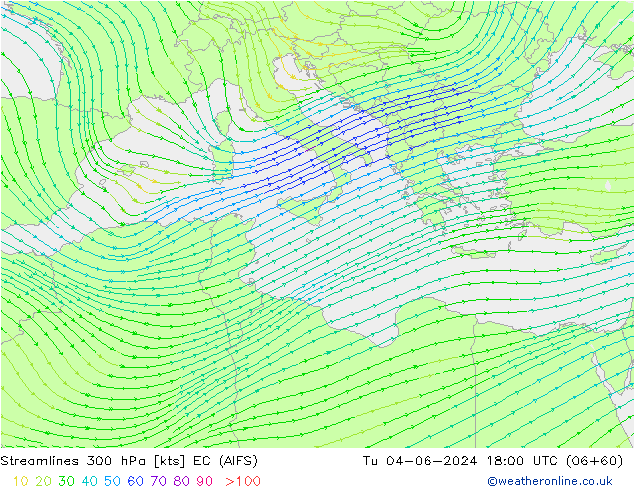 Linha de corrente 300 hPa EC (AIFS) Ter 04.06.2024 18 UTC